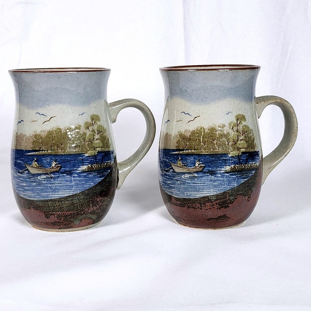 Otagiri Japan Coffee Mugs Fishing Boat Lake Scene Handcrafted Stoneware Set of 2